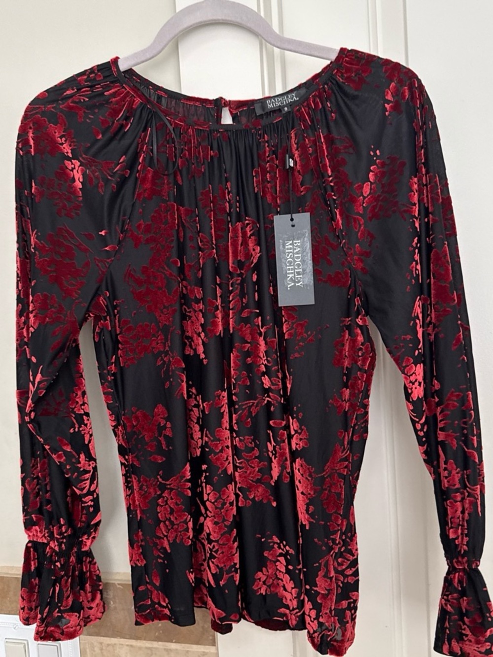 Badgley Mischka Black Top with Red Floral Velvet Burnout